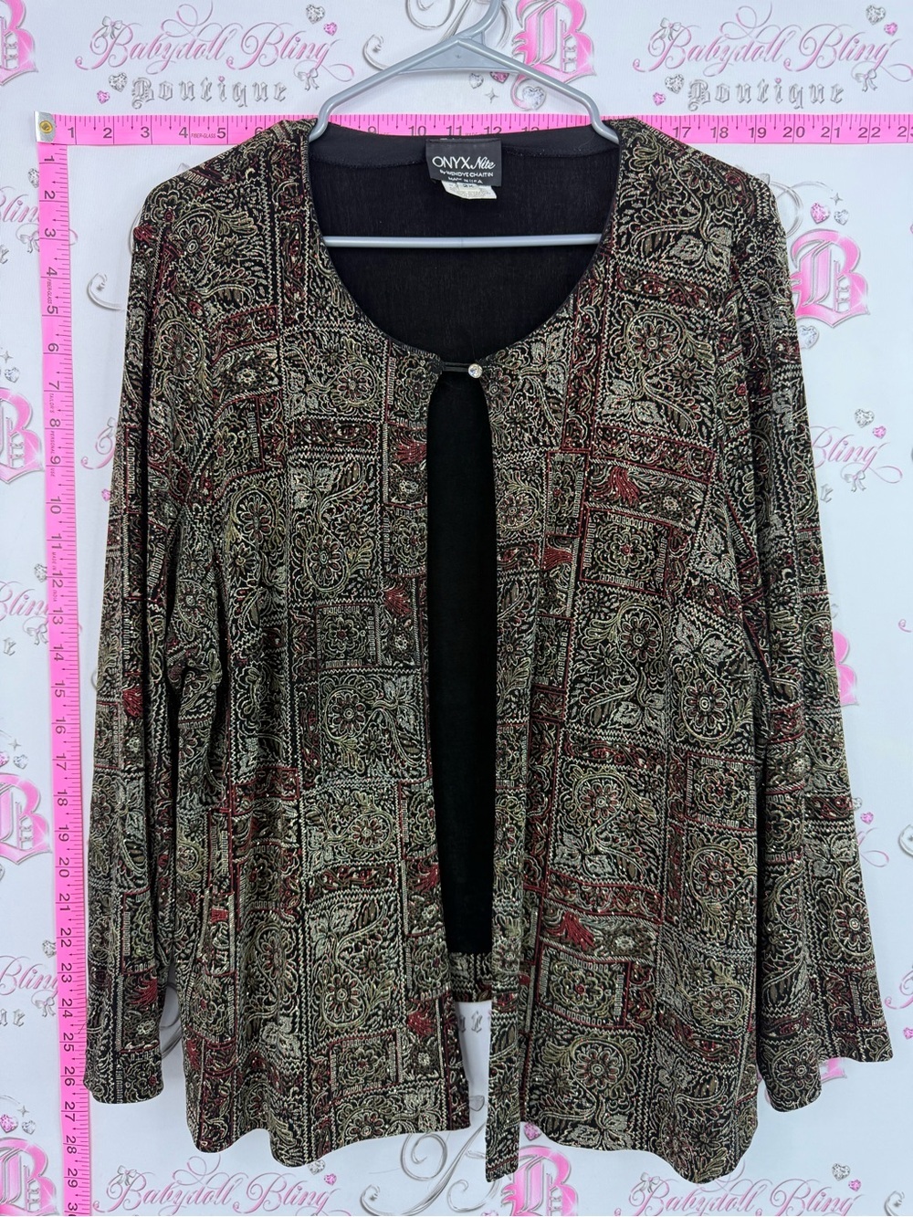 Onyx Nite sparkly cardigan Black, Olive & Burgundy Printed Open Cardigan